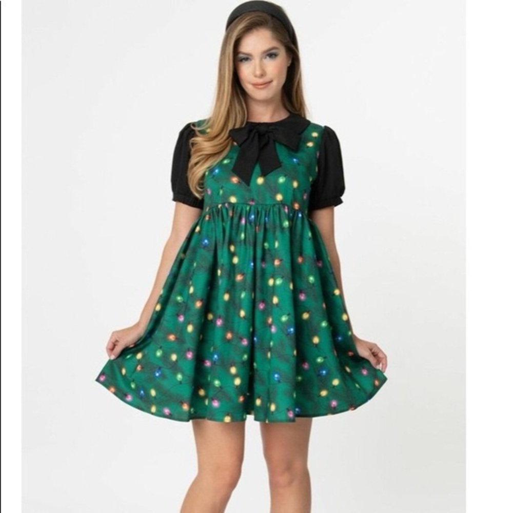 Unique Vintage Arden Baby Doll Christmas Lights Mini Dress NWT